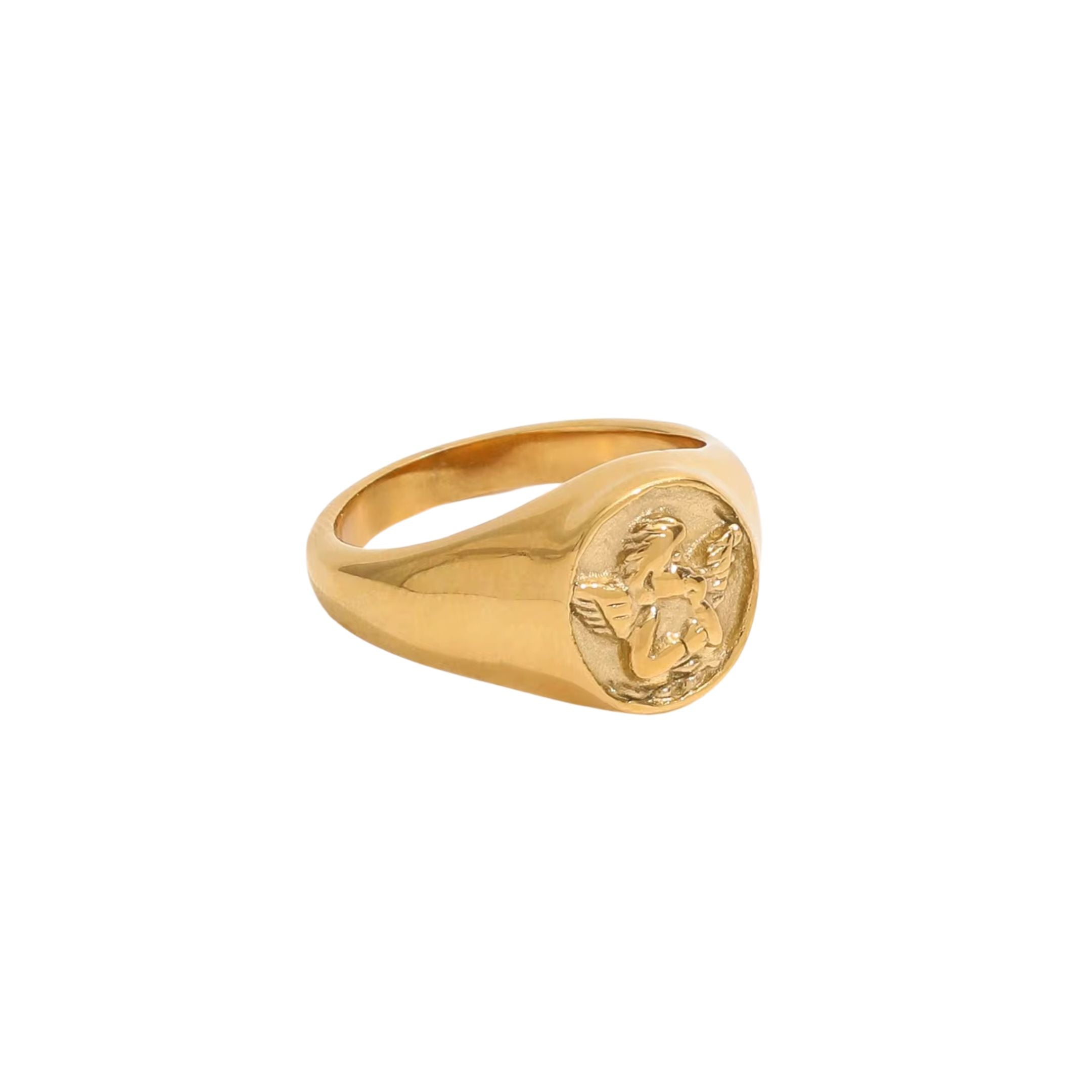 image of a gold angel signet ring on a white backdrop