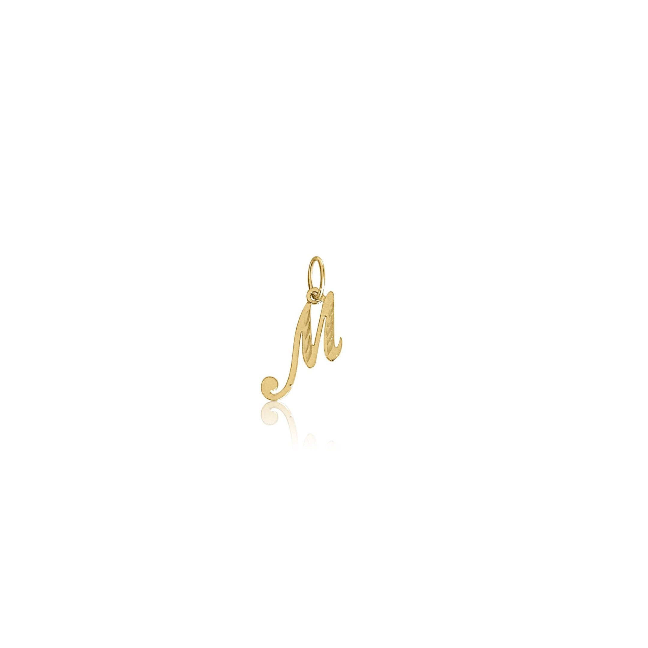image of a gold pendant with a cursive letter m against a white background