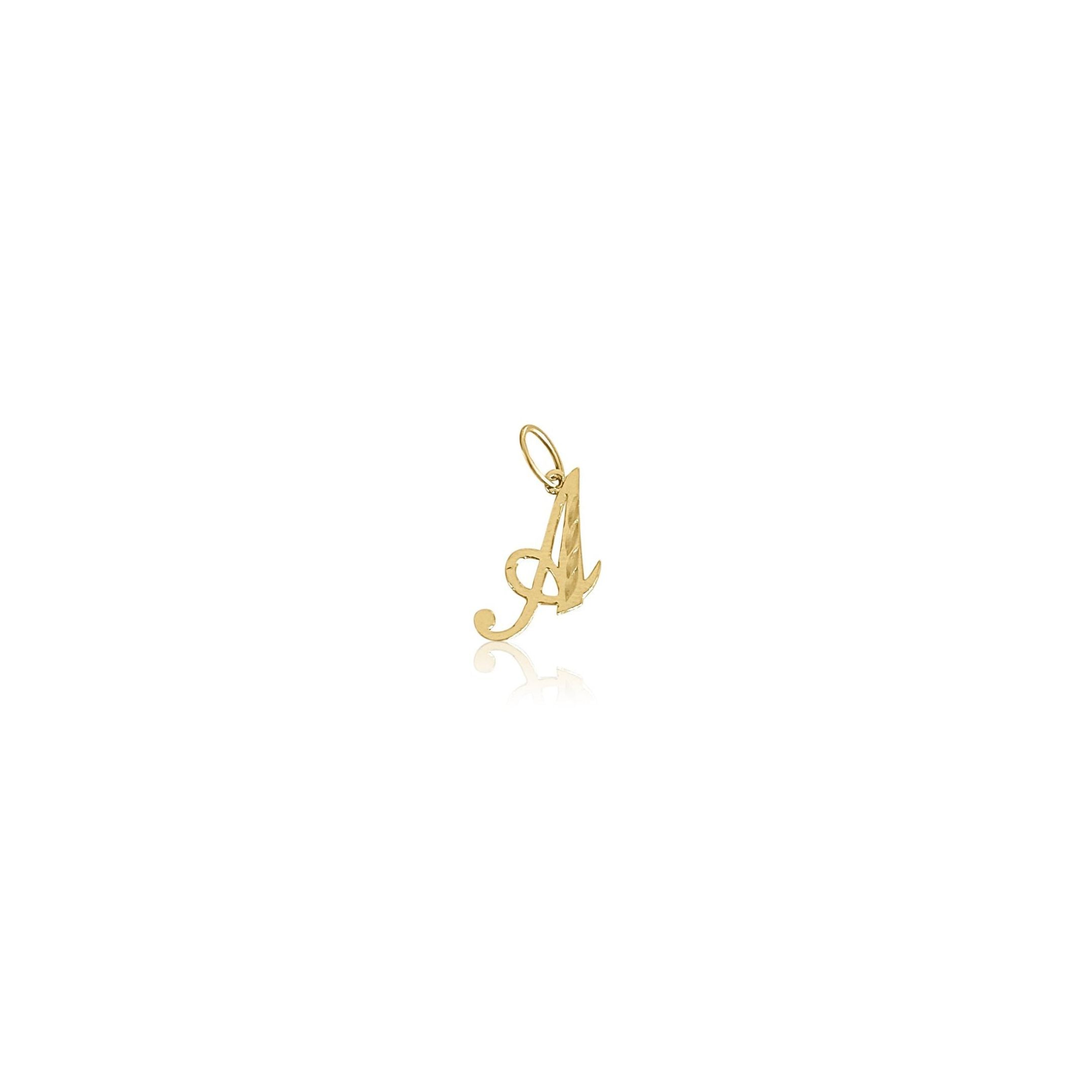 image of a gold pendant with a cursive letter a against a white background