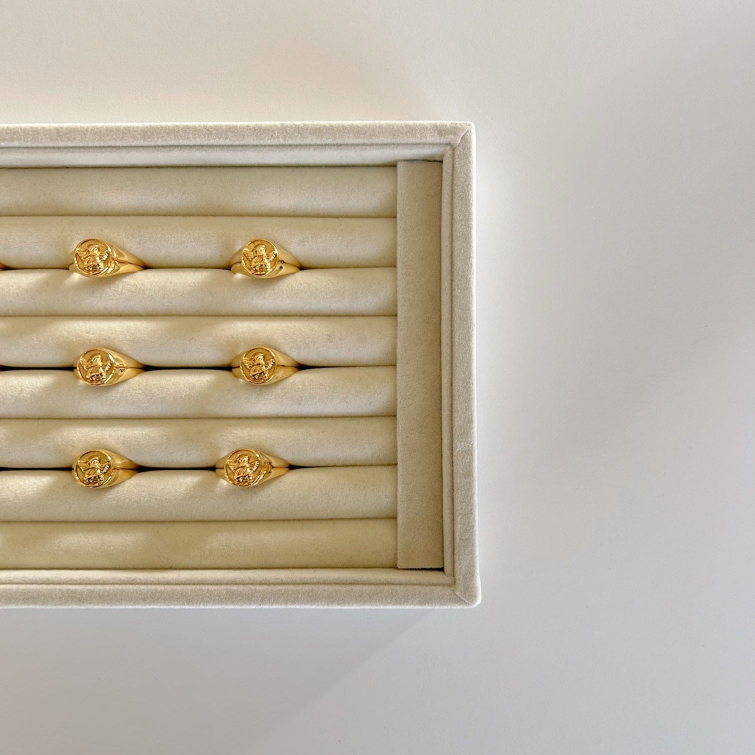 image of six angel signet rings in a ring tray on a white backdrop