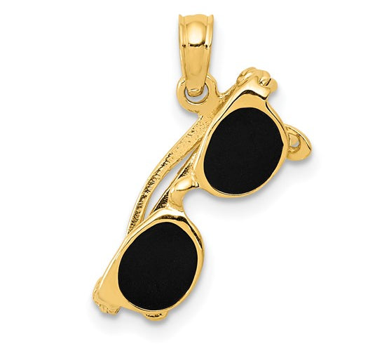 Gold pendant shaped like sunglasses with black lenses on a white background