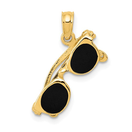 Gold pendant shaped like sunglasses with black lenses on a white background