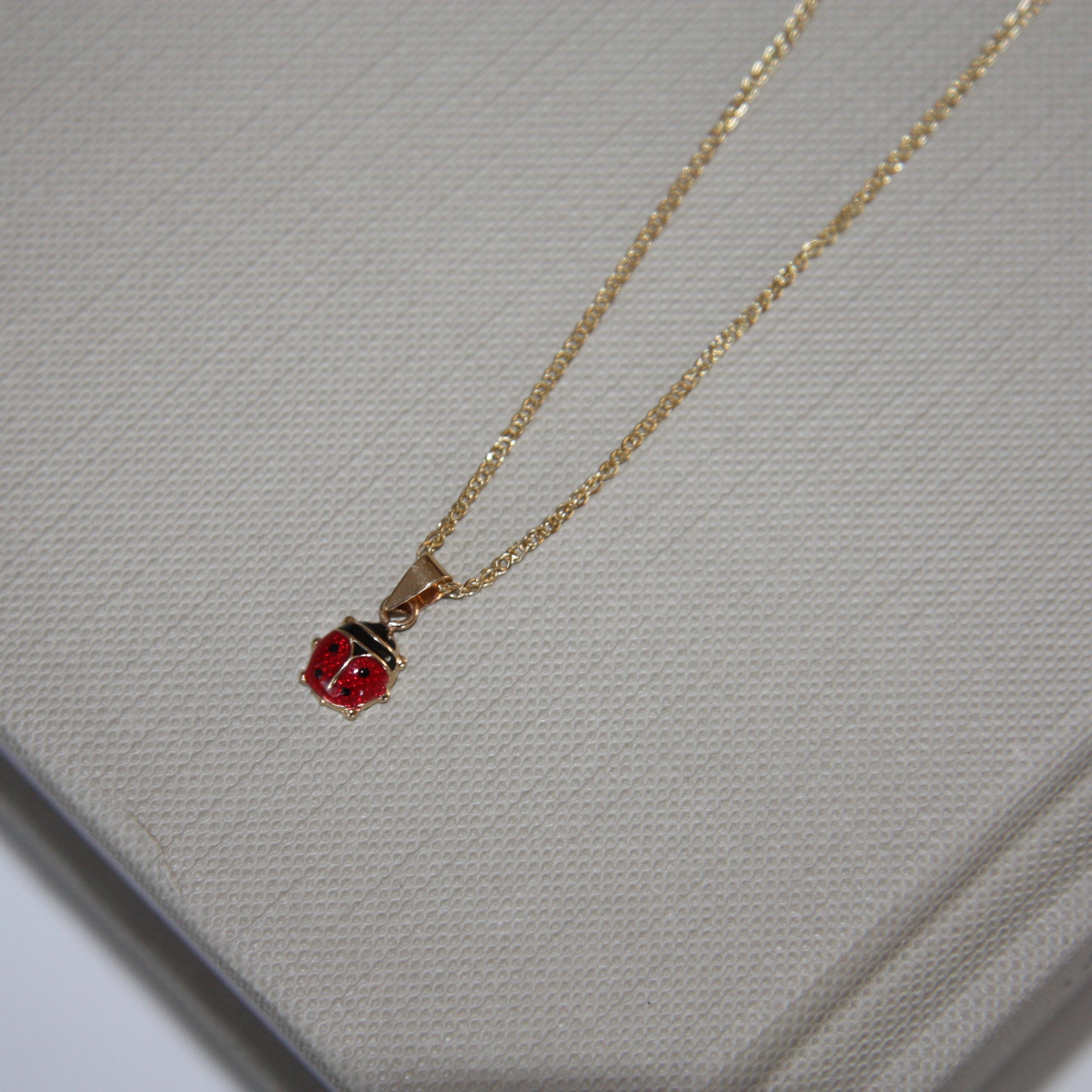 Gold necklace with a red pendant on a textured gray surface