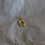 Gold horseshoe charm on crumpled brown paper