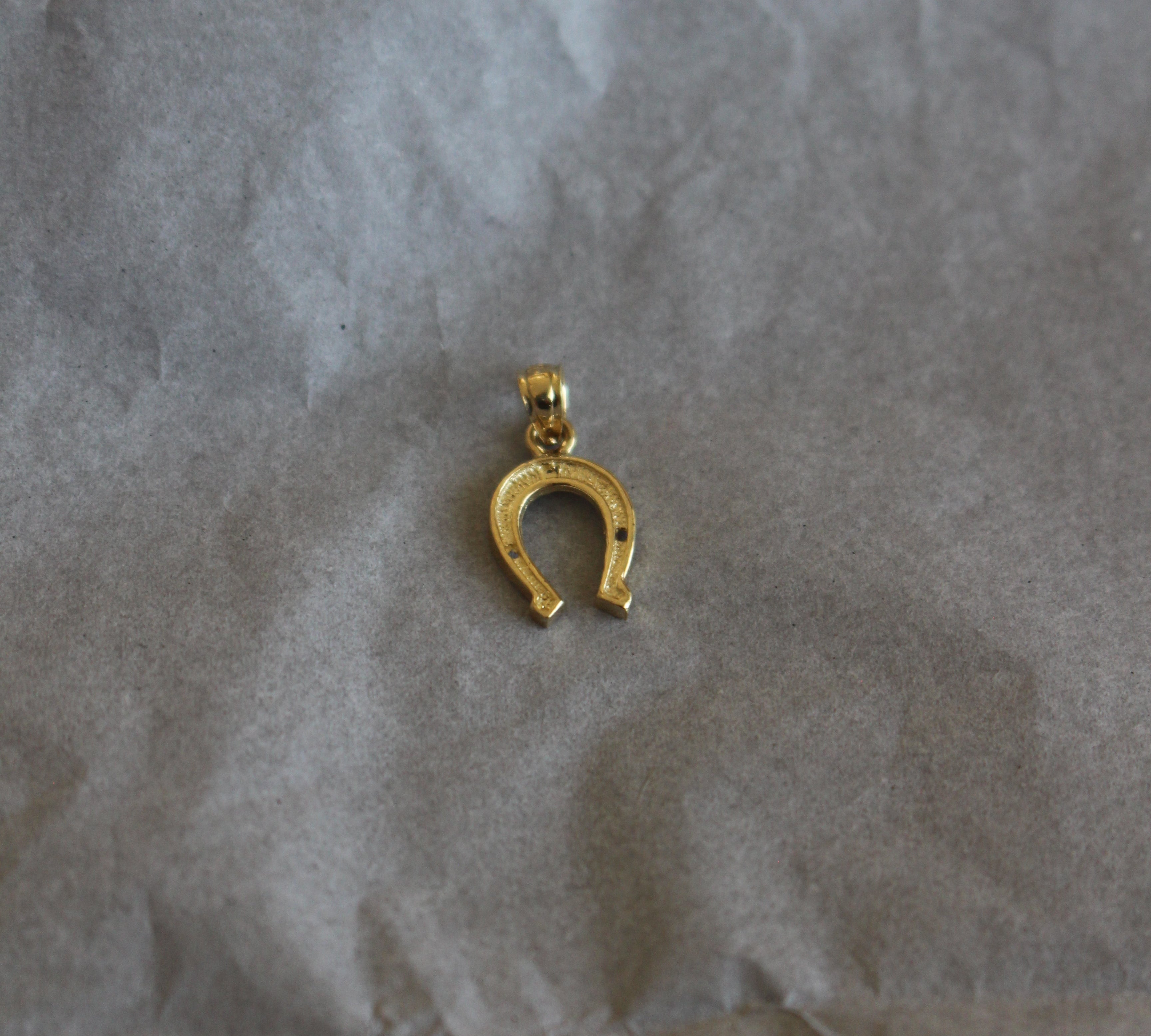 Gold horseshoe charm on crumpled brown paper