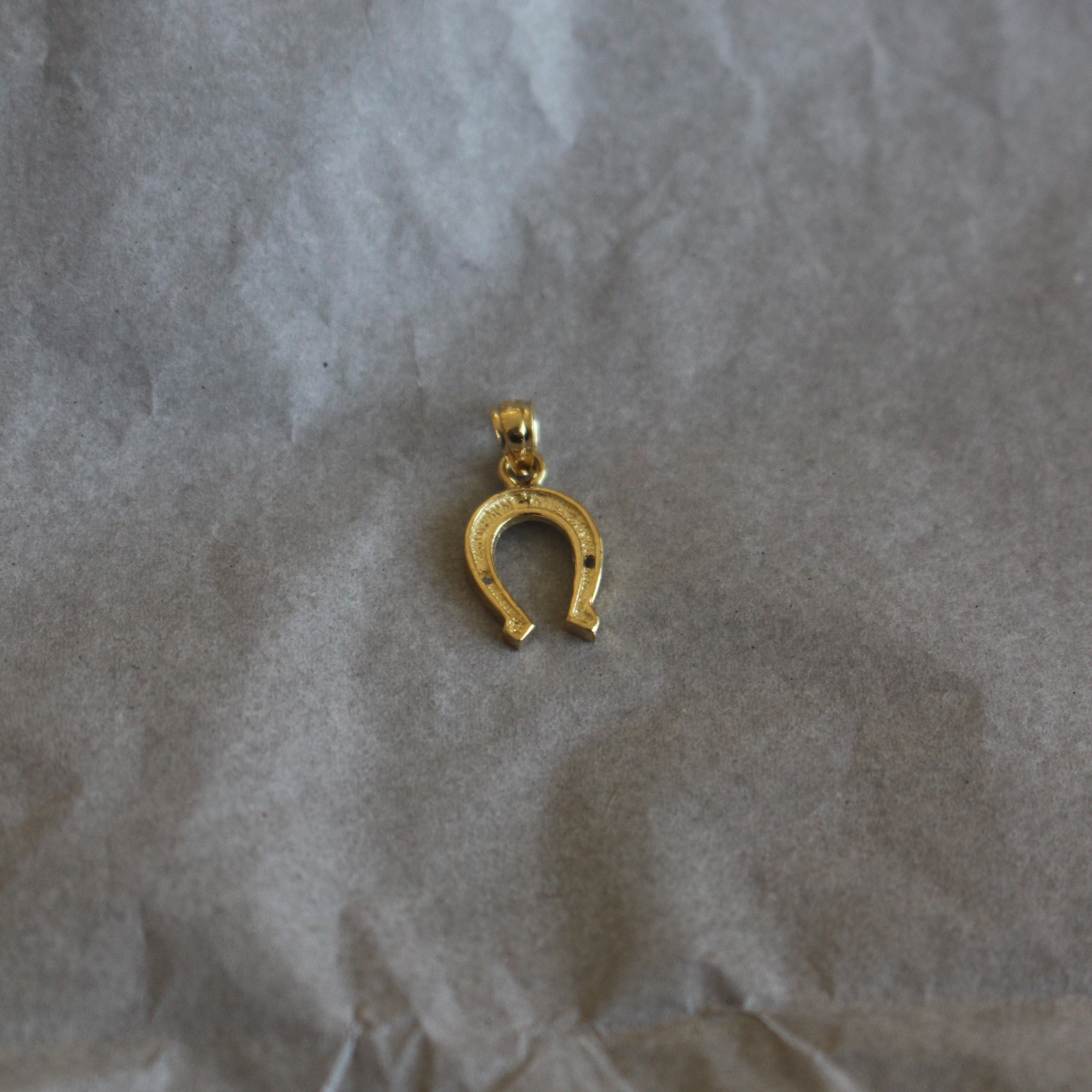 Gold horseshoe charm on crumpled brown paper