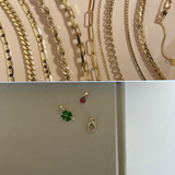Top section shows various gold chains, bottom section displays three small gold charms on a neutral background.