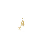 image of a gold pendant with a cursive letter m against a white background 