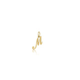image of a gold pendant with a cursive letter m against a white background 