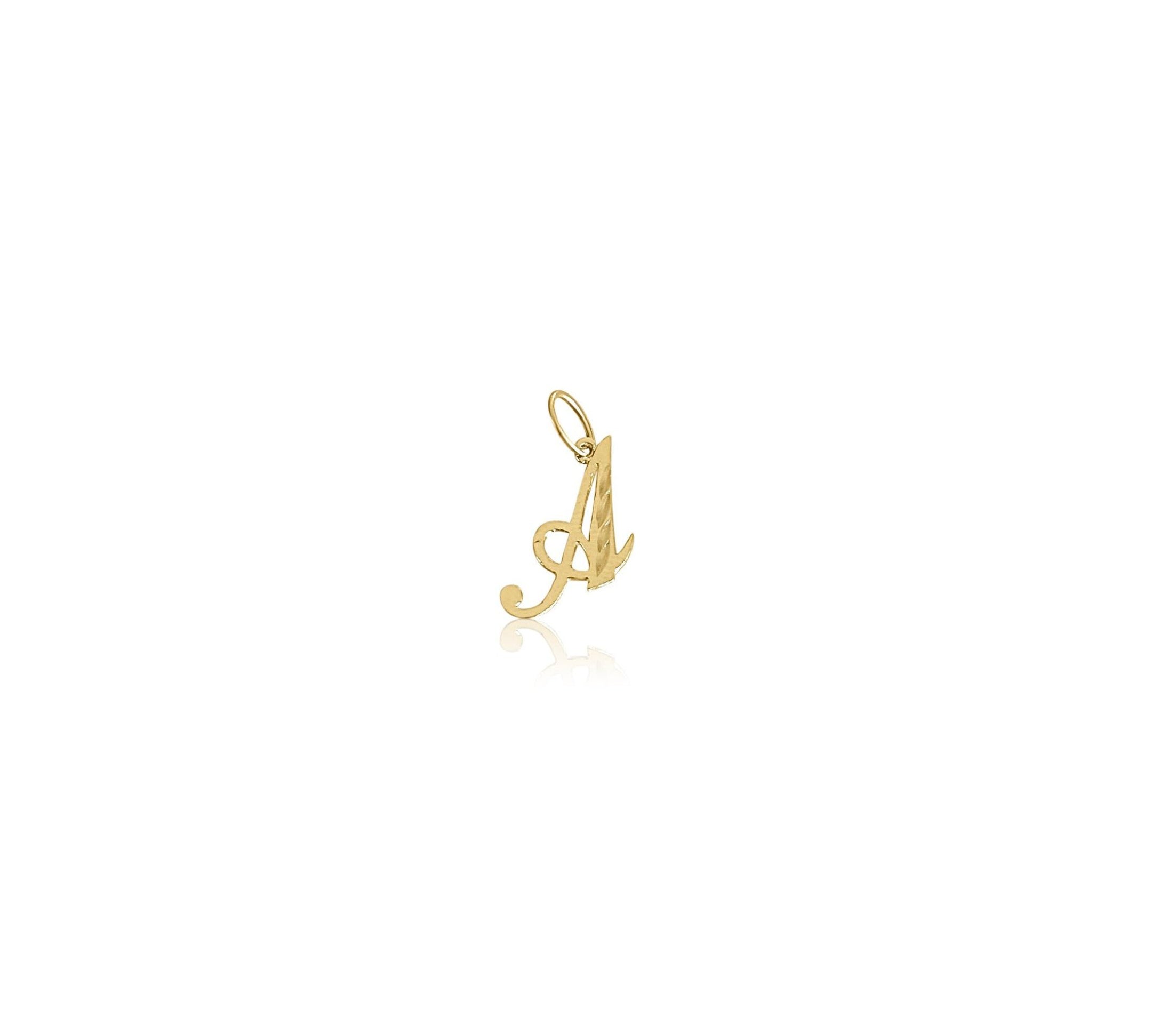 image of a gold pendant with a cursive letter a against a white background 