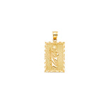 Gold pendant with a religious figure design on a white background