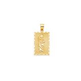 Gold pendant with a religious figure design on a white background