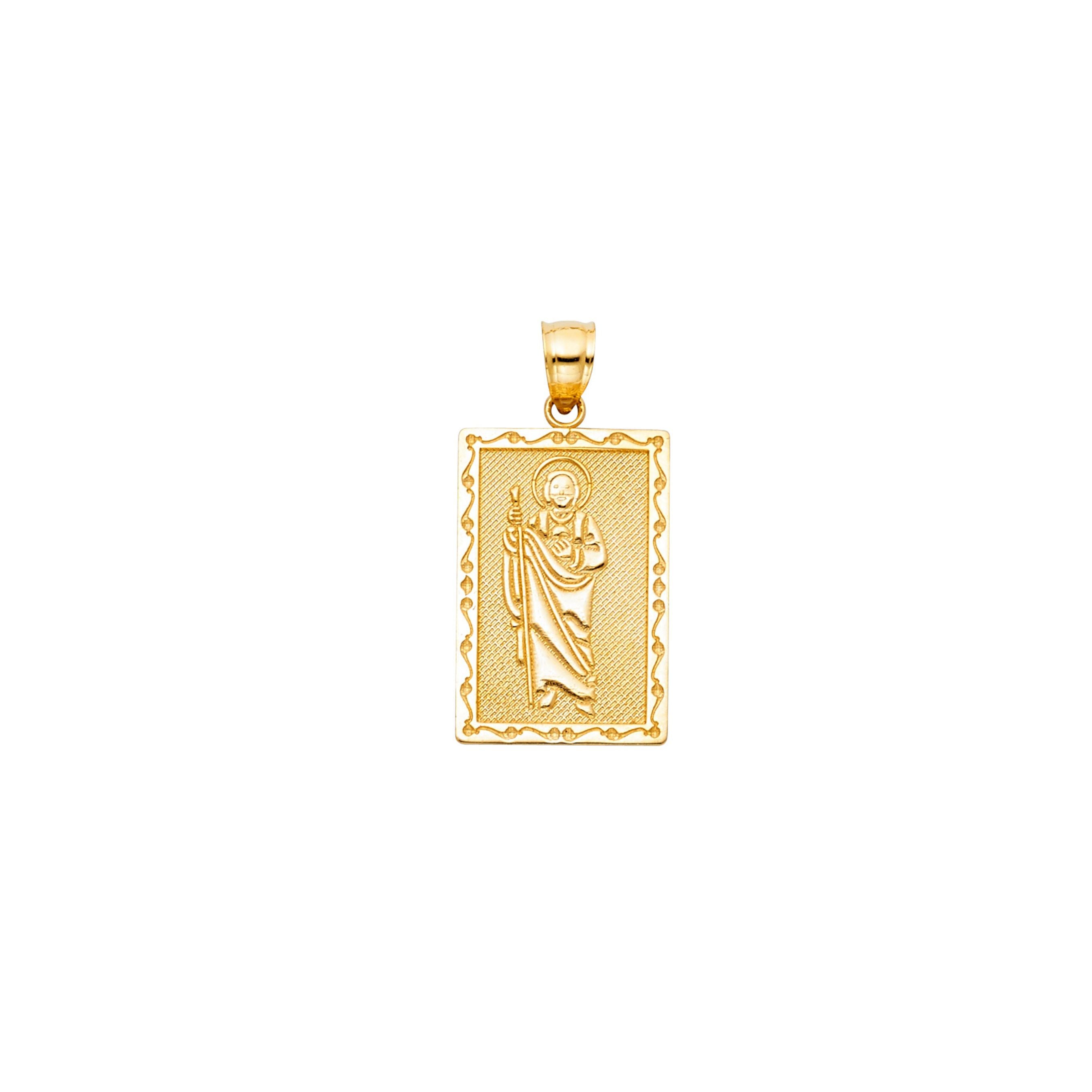 Gold pendant with a religious figure design on a white background