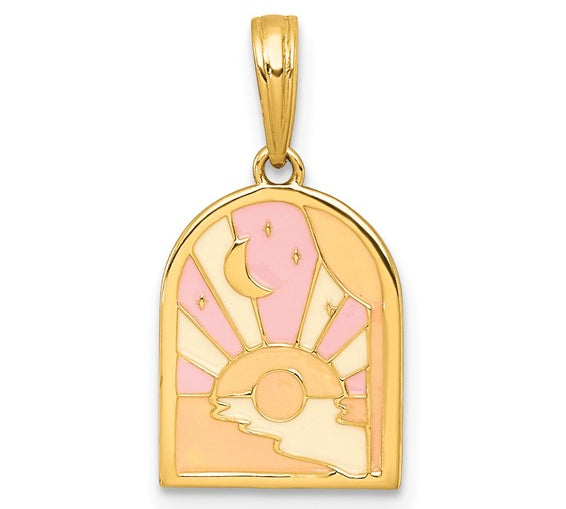 Gold pendant with pink and beige design on a white background