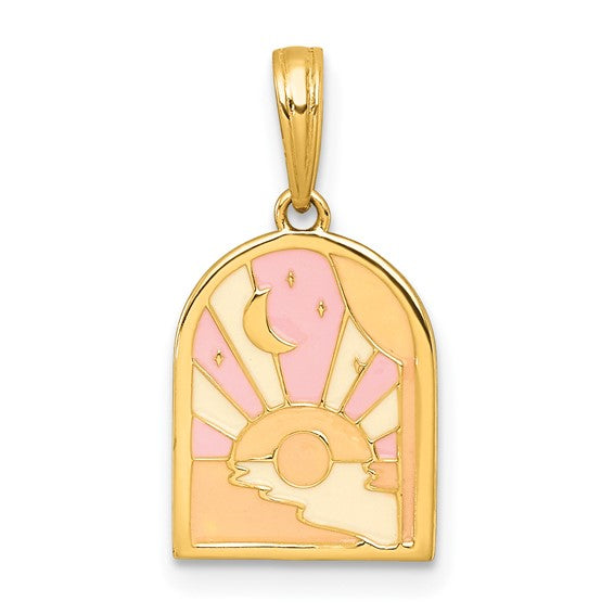 Gold pendant with pink and beige design on a white background