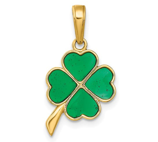 Gold pendant with green four-leaf clover design on a white background