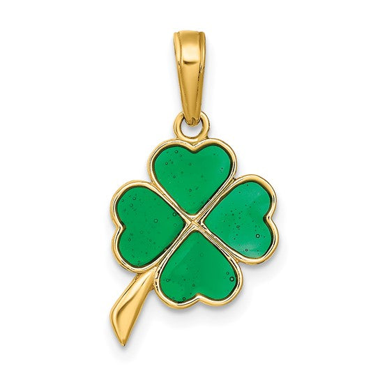 Gold pendant with green four-leaf clover design on a white background