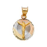 Gold and silver pendant with a religious design on a white background