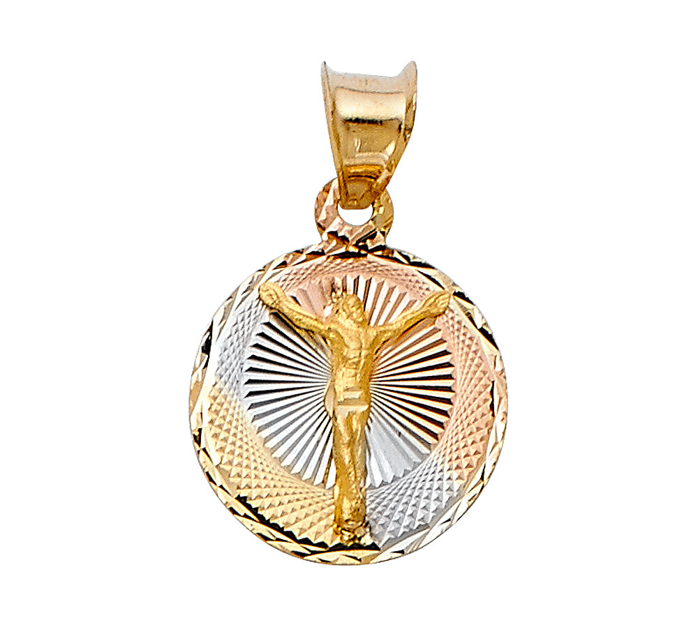 Gold and silver pendant with a religious design on a white background