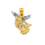 Gold and silver angel pendant on a white background