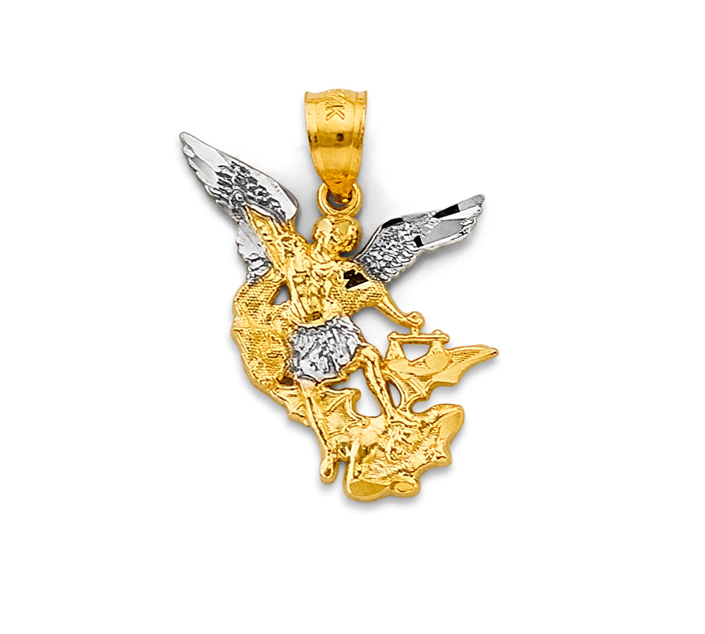 Gold and silver angel pendant on a white background