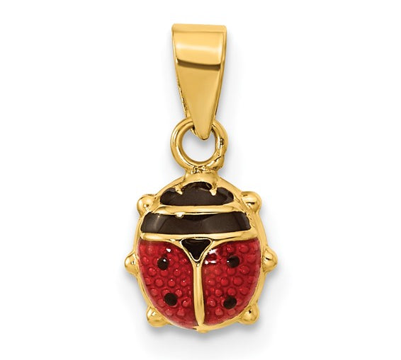 Gold pendant shaped like a ladybug on a white background