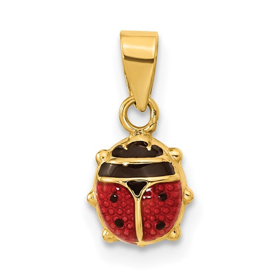 Gold pendant shaped like a ladybug on a white background
