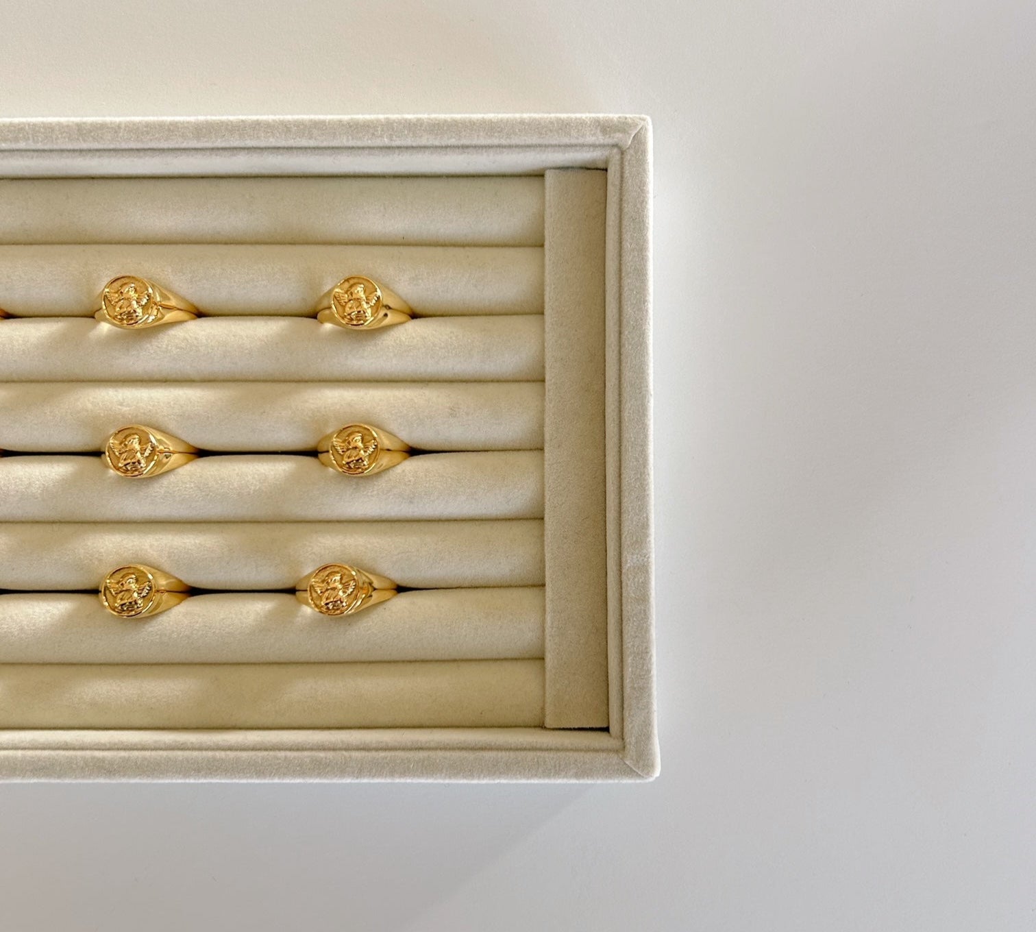 image of six angel signet rings in a ring tray on a white backdrop