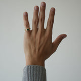 Hand wearing a ring with a plain background